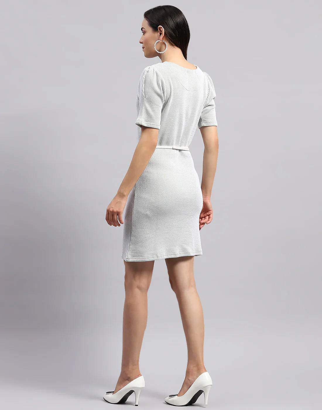Women Off White Stripe Round Neck Half Sleeve Dress - Image 6