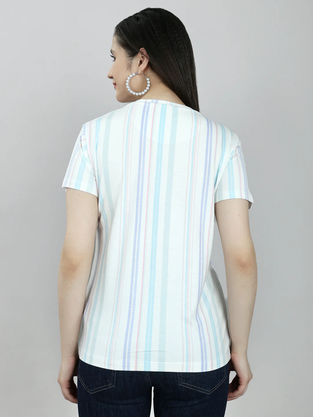 Women Off White Stripe Round Neck Half Sleeve Top - Image 5