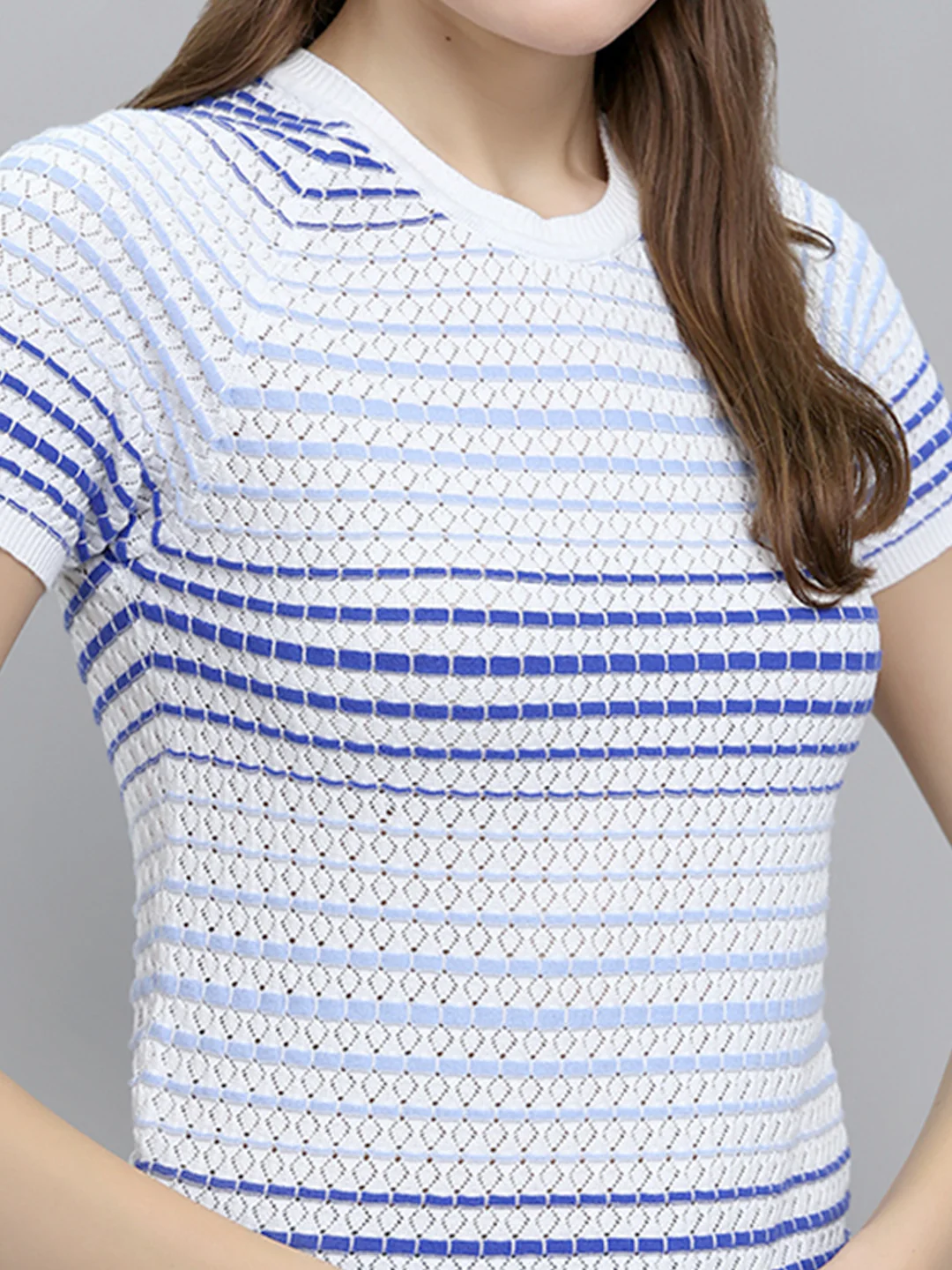 Women Off White Stripe Round Neck Half Sleeve Top - Image 5