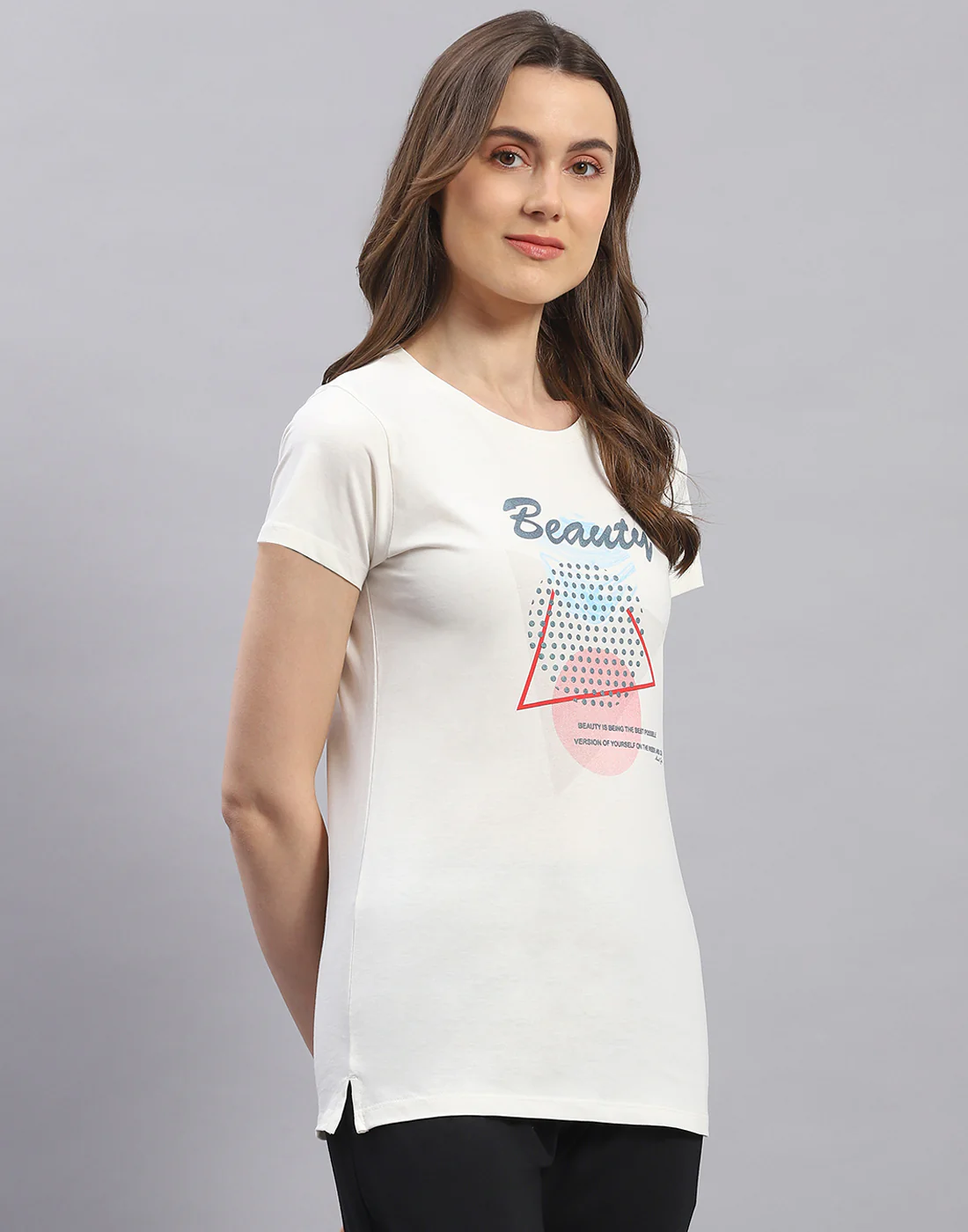 Women Off White & Turquoise Blue Printed Round Neck Half Sleeve Top 2 Pc Set - Image 5
