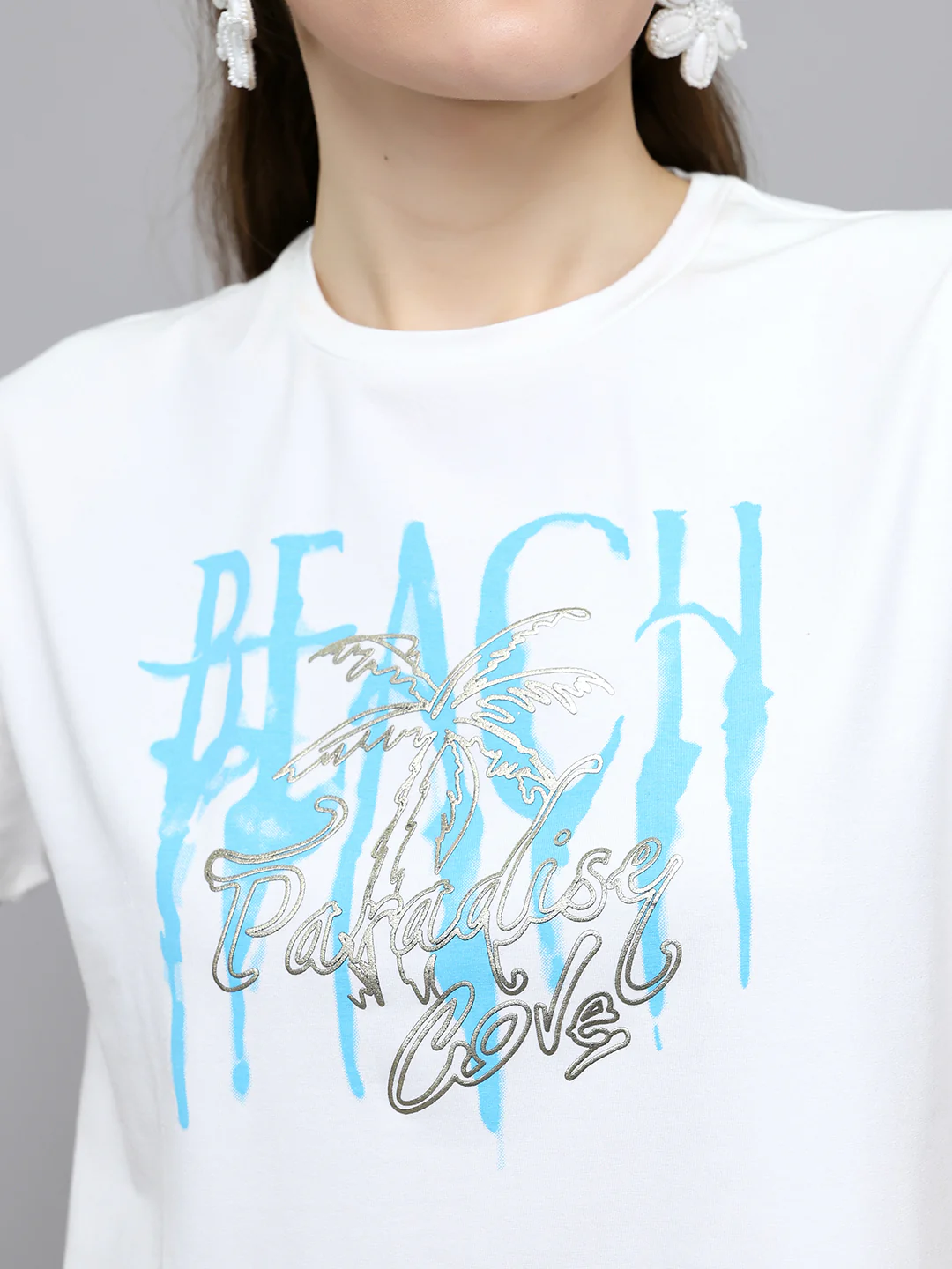 Women Off White Typographic Round Neck Half Sleeve Top - Image 5