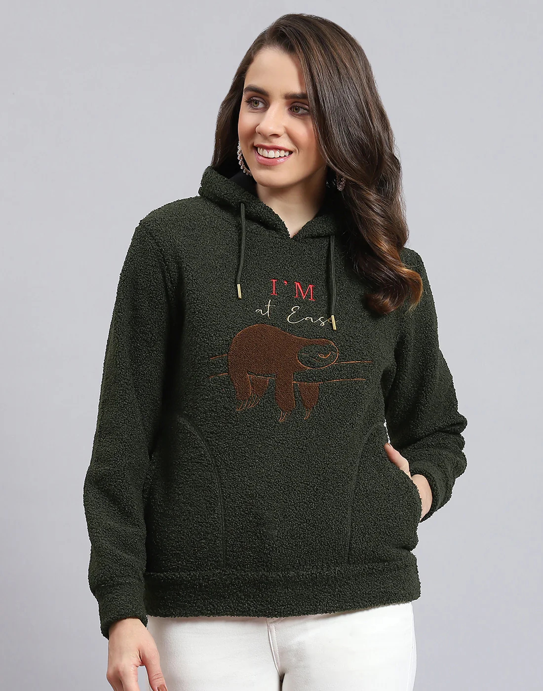 Women Olive Embroidered Hooded Full Sleeve Sweatshirt - Image 3