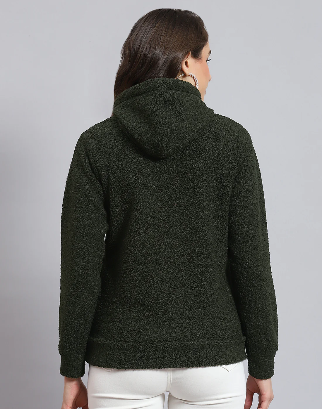 Women Olive Embroidered Hooded Full Sleeve Sweatshirt - Image 7