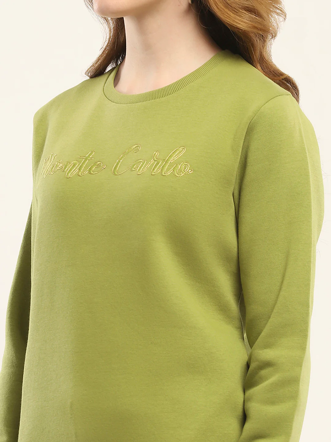Women Olive Embroidered Round Neck Full Sleeve Sweatshirt - Image 7