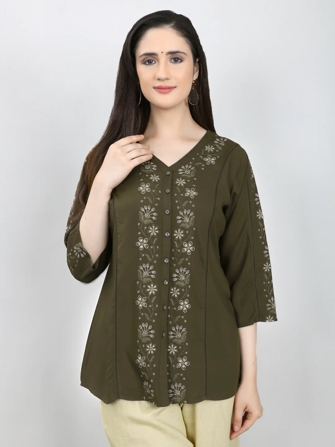 Women Olive Embroidered V Neck 3/4th Sleeve Top