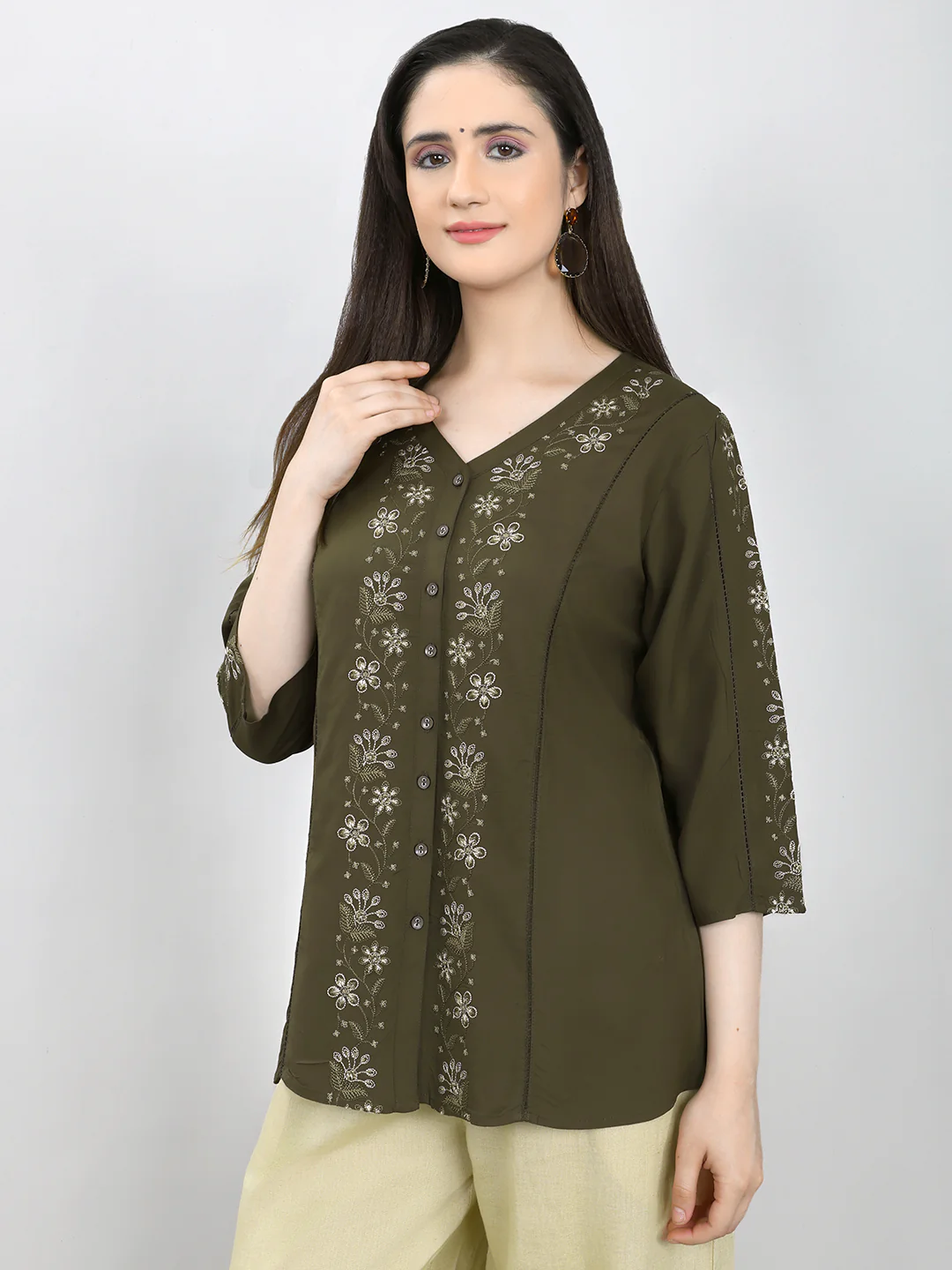 Women Olive Embroidered V Neck 3/4th Sleeve Top - Image 2