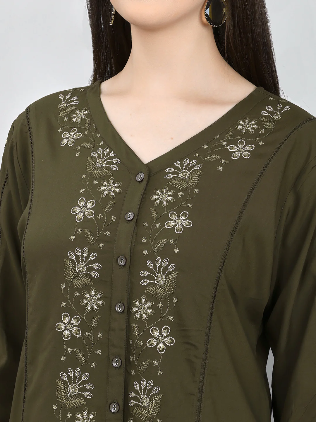 Women Olive Embroidered V Neck 3/4th Sleeve Top - Image 5