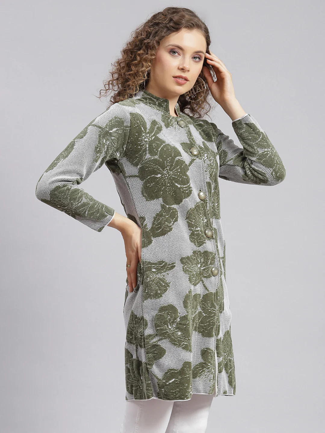 Women Olive Jaquard Wool blend Knitted Coat - Image 2