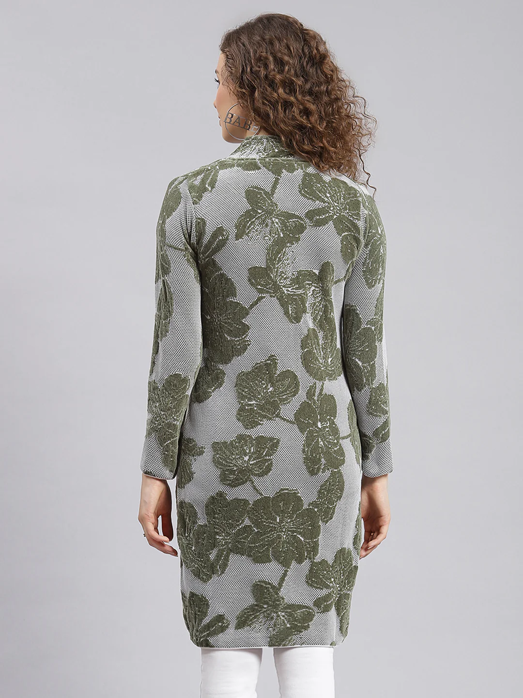 Women Olive Jaquard Wool blend Knitted Coat - Image 4