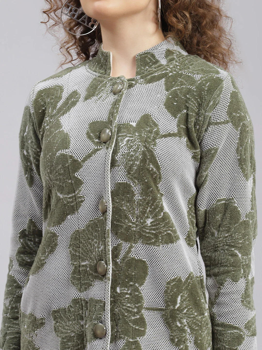 Women Olive Jaquard Wool blend Knitted Coat - Image 6