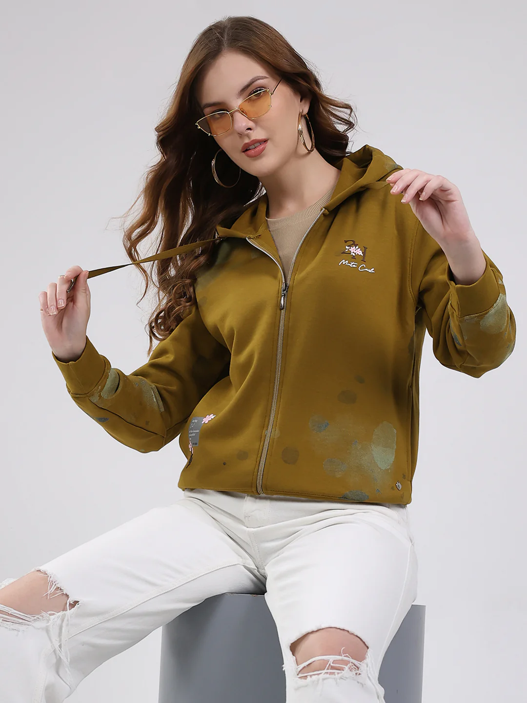 Women Olive Printed Hooded Full Sleeve Sweatshirt - Image 6