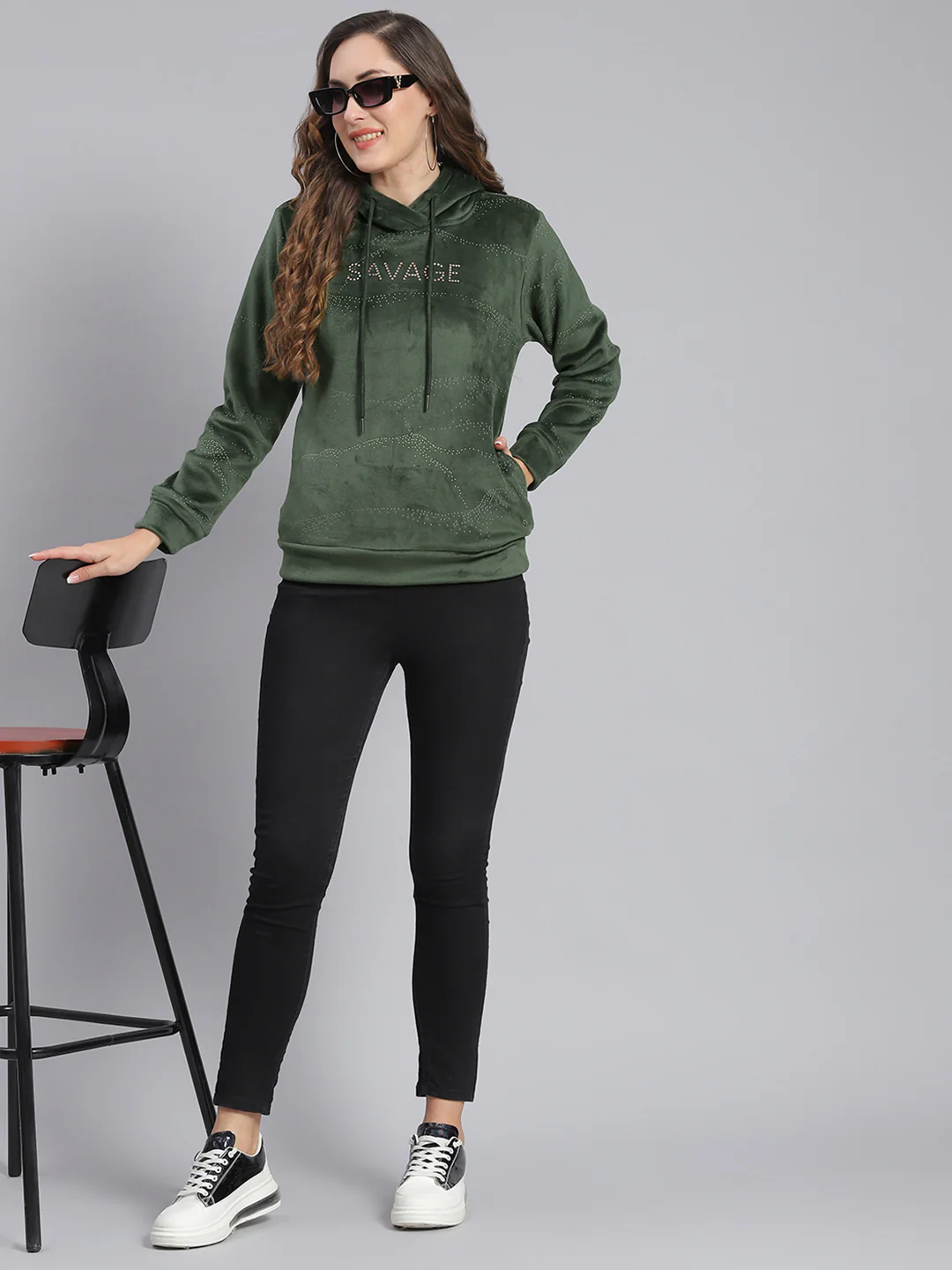 Women Olive Printed Hooded Full Sleeve Sweatshirts - Image 2