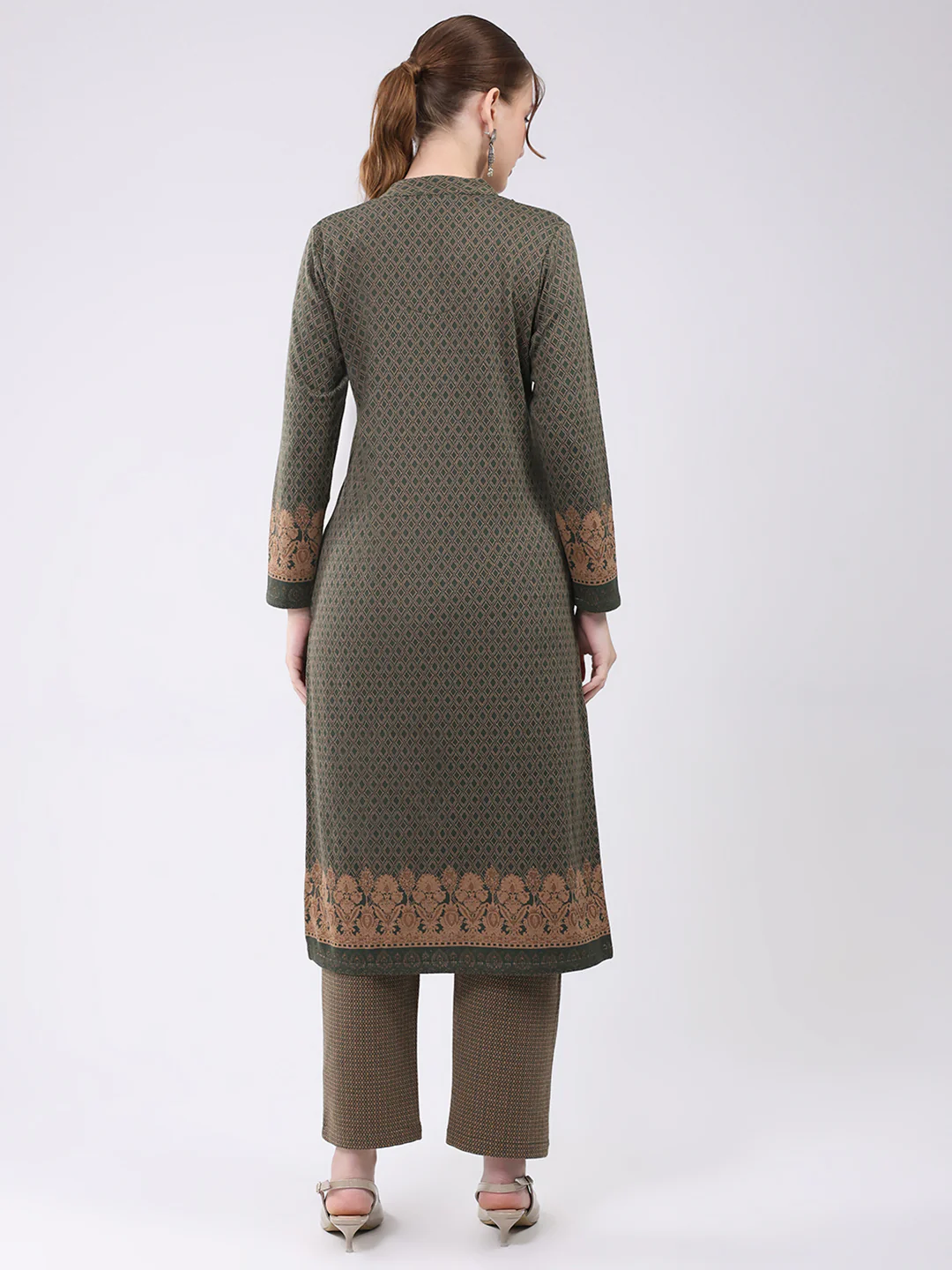 Women Olive Printed Round Neck Full Sleeve Kurti Set for Winter - Image 5