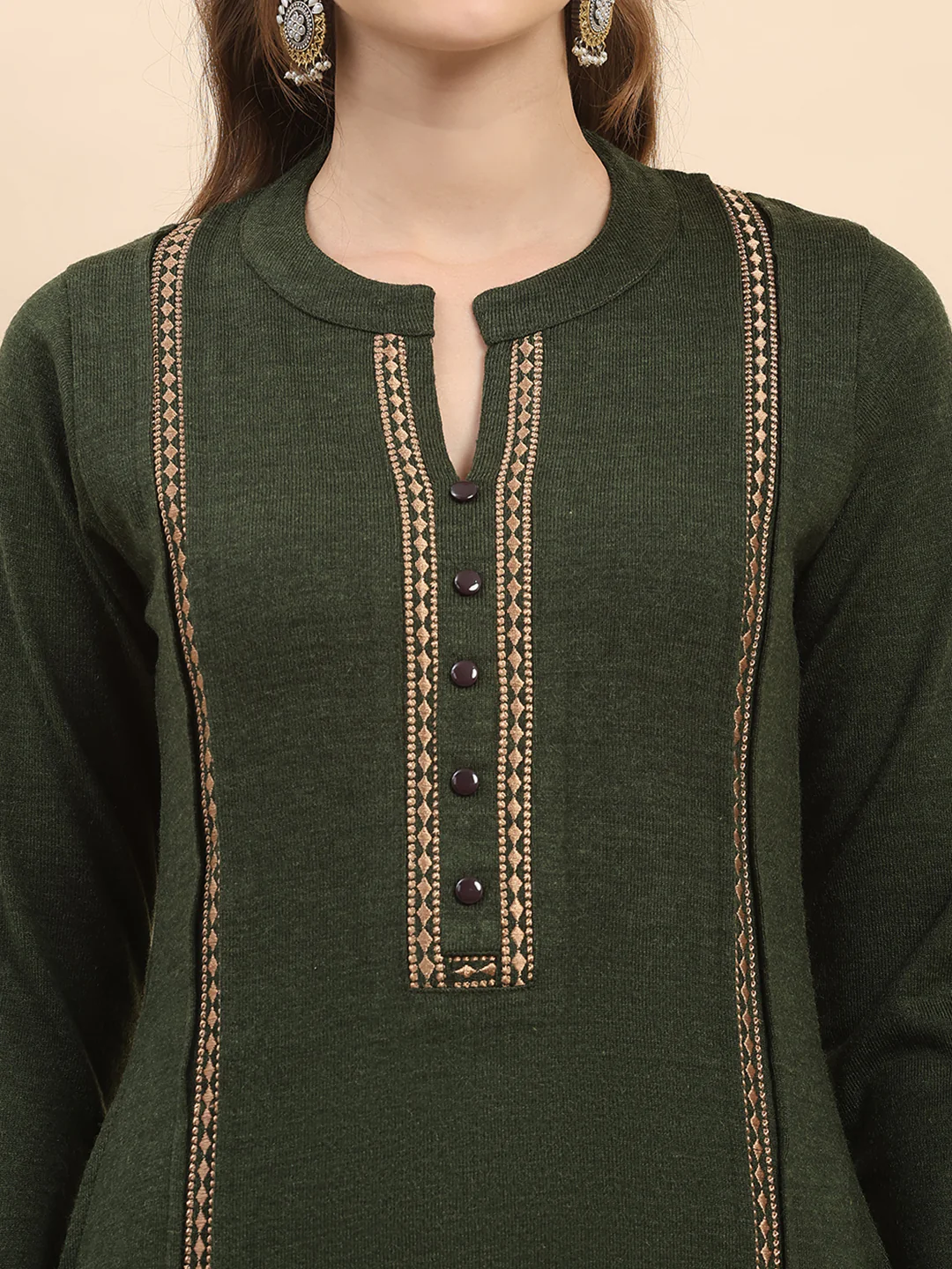 Women Olive Printed Round Neck Full Sleeve Kurti Set for Winter - Image 7