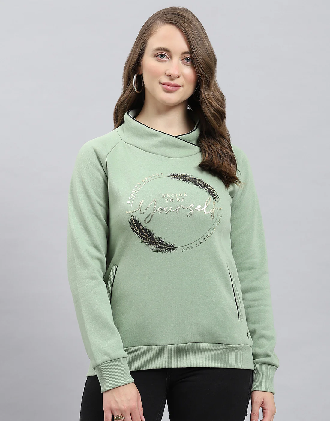 Women Olive Printed Round Neck Full Sleeve Sweatshirt - Image 2