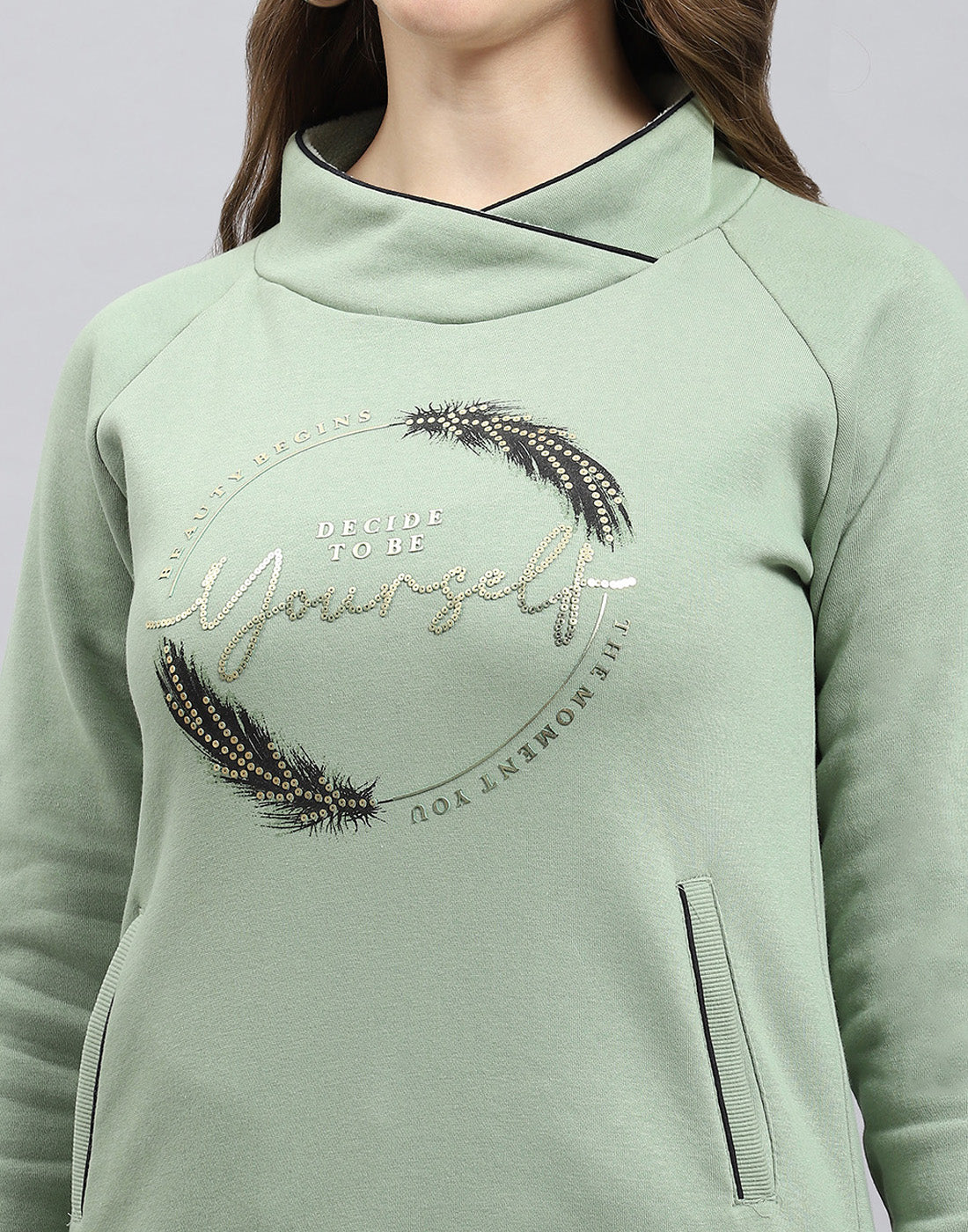 Women Olive Printed Round Neck Full Sleeve Sweatshirt - Image 6