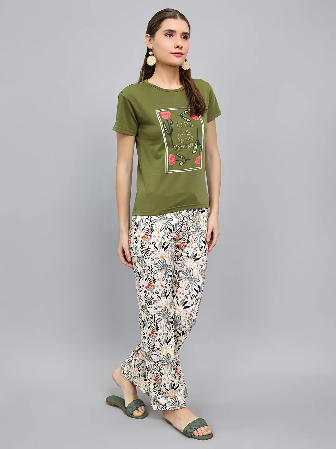 Women Olive Printed Round Neck Half Sleeve Lower Set - Image 3