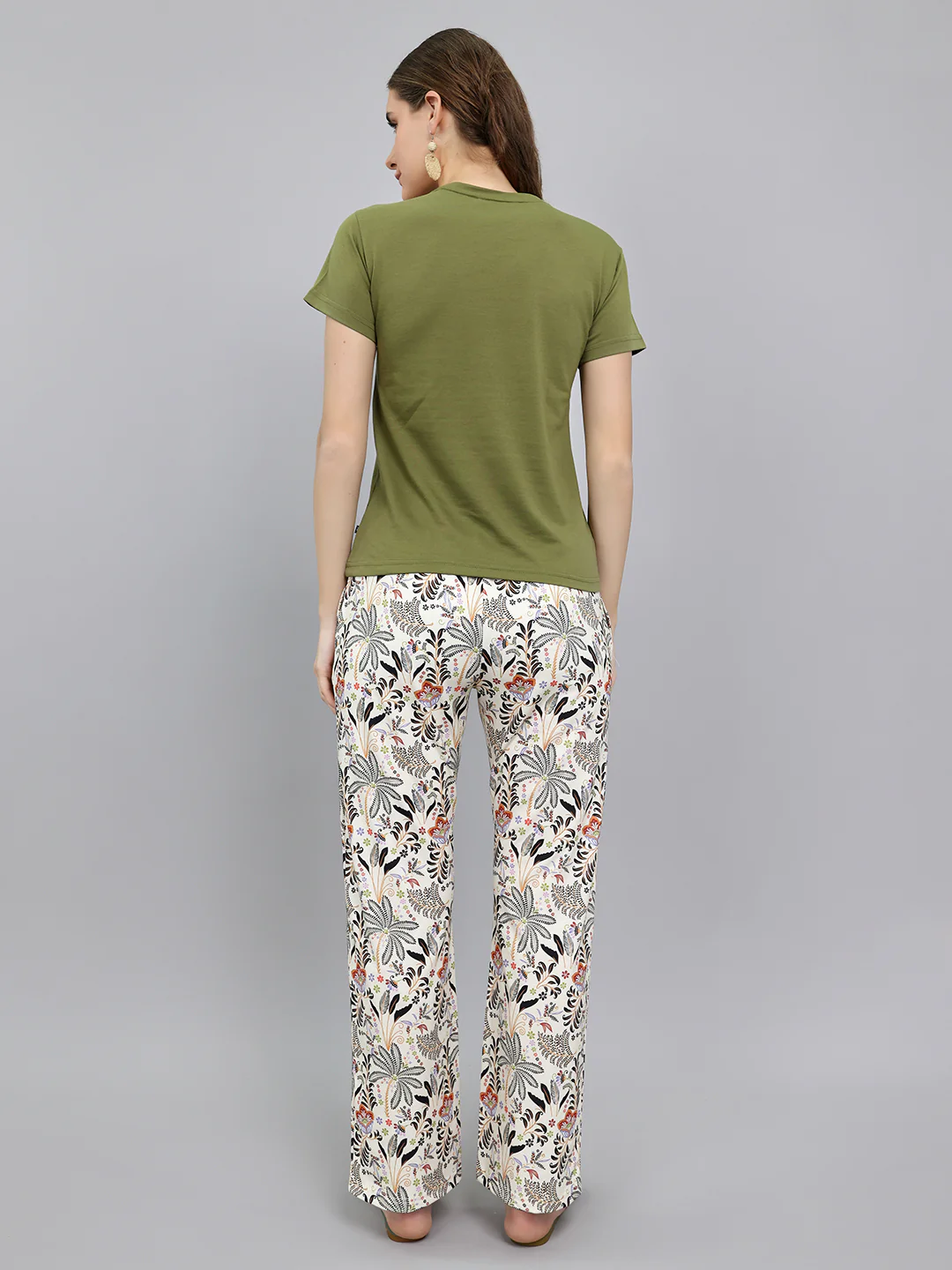 Women Olive Printed Round Neck Half Sleeve Lower Set - Image 4