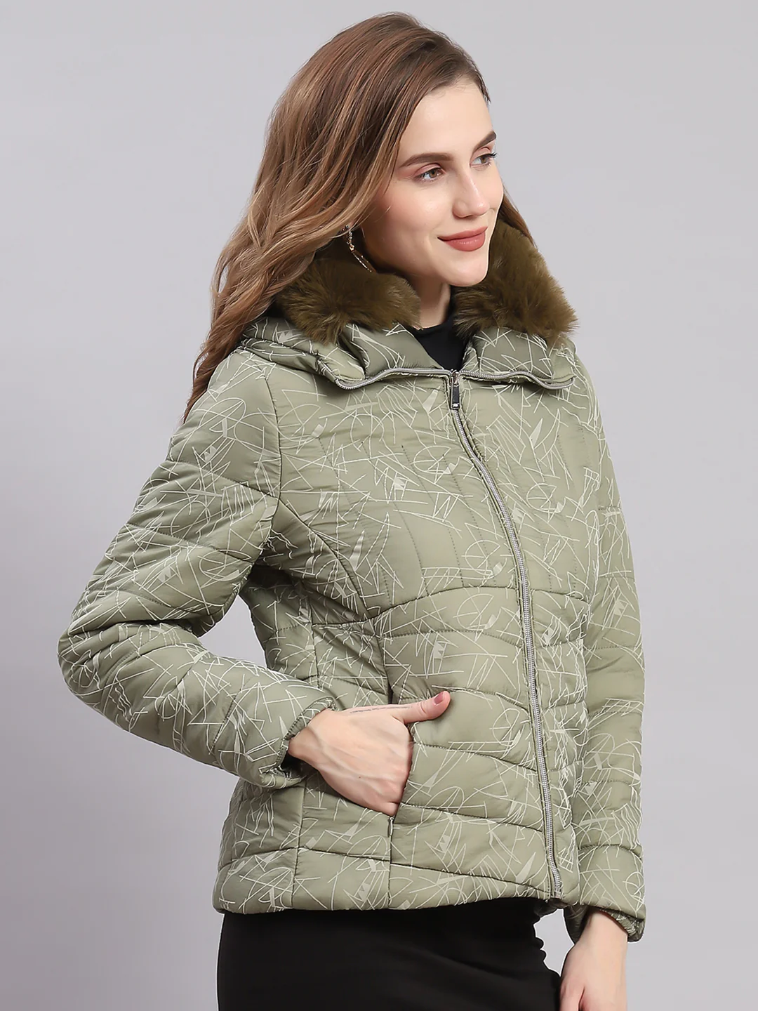 Women Olive Printed Spread Collar Full Sleeve Jackets - Image 4