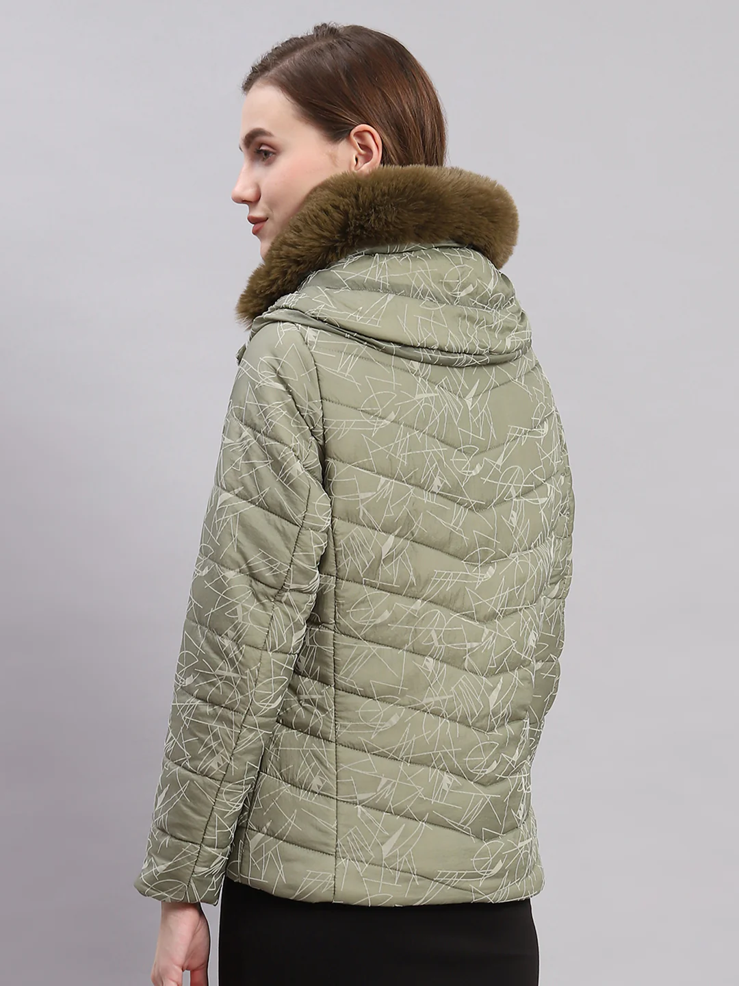 Women Olive Printed Spread Collar Full Sleeve Jackets - Image 5