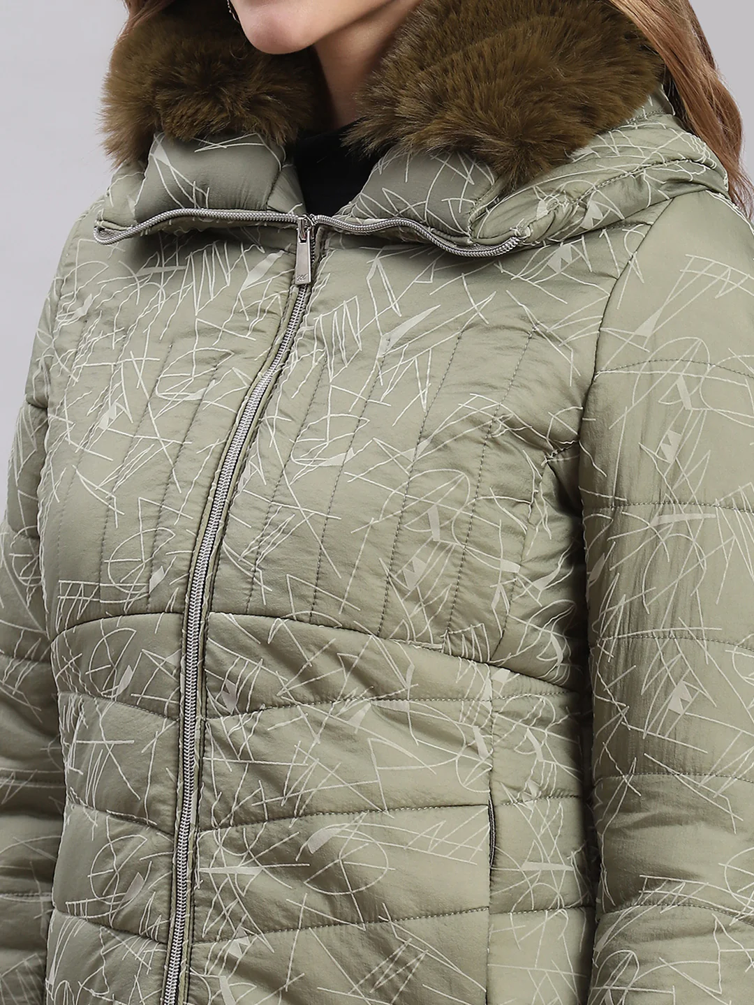 Women Olive Printed Spread Collar Full Sleeve Jackets - Image 6