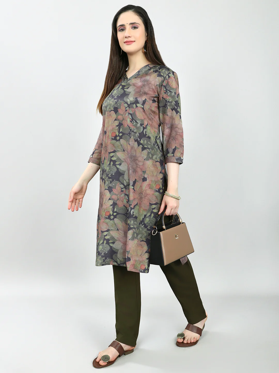 Women Olive Printed V Neck 3/4th Sleeve Kurti - Image 6