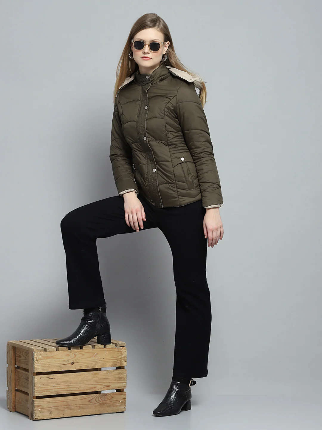 Women Olive Self Design Detachable Hood Full Sleeve Jacket - Image 2