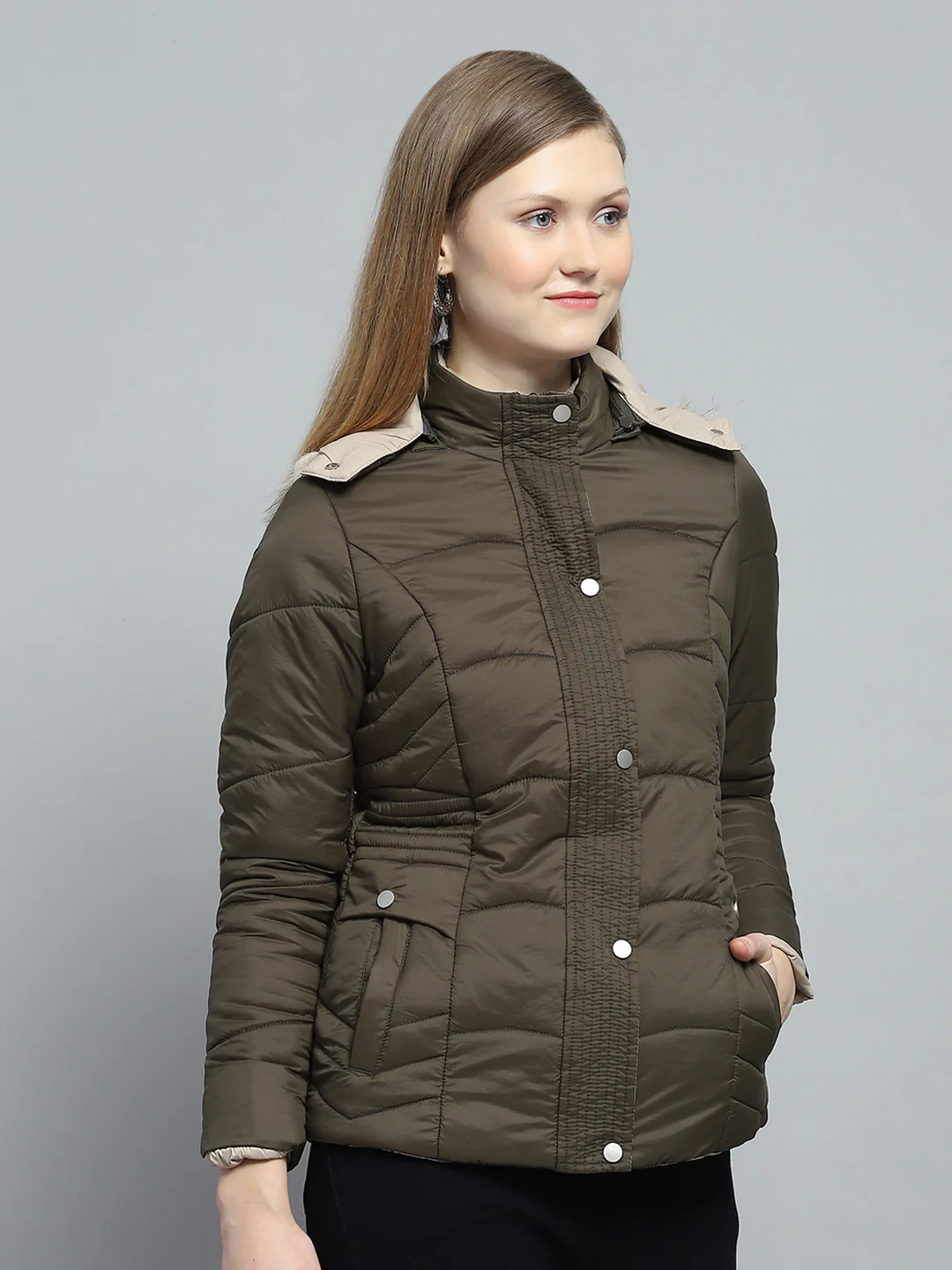 Women Olive Self Design Detachable Hood Full Sleeve Jacket - Image 4