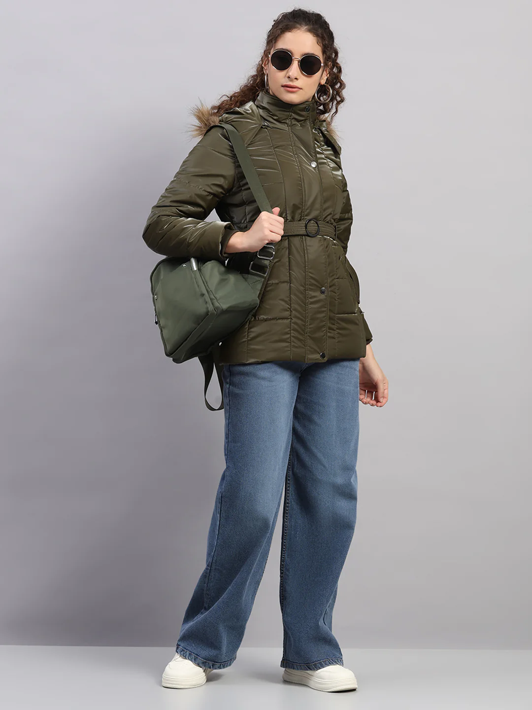 Women Olive Self Design Hooded Full Sleeve Jacket - Image 2