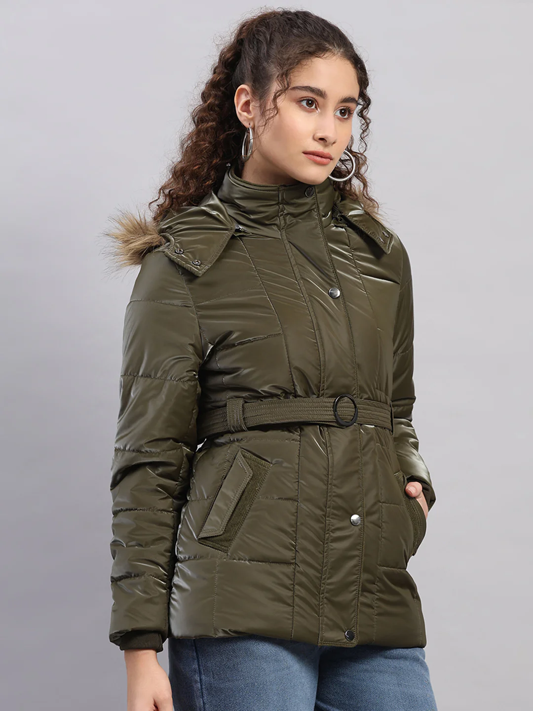 Women Olive Self Design Hooded Full Sleeve Jacket - Image 4