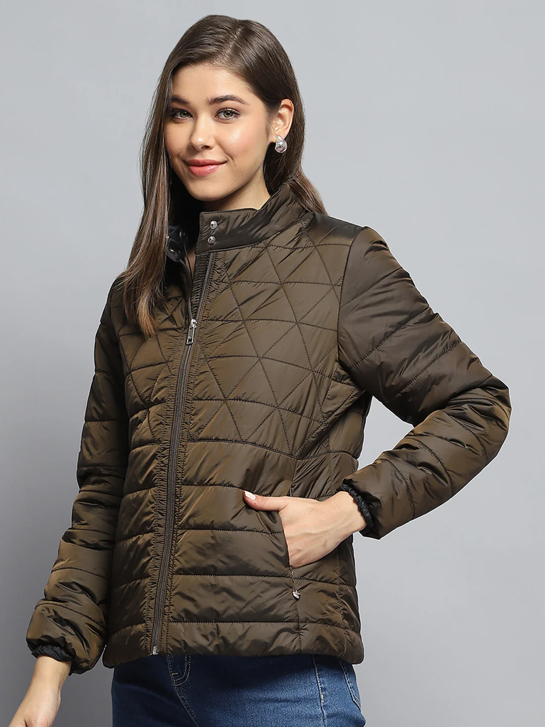 Women Olive Self Design Mock Neck Full Sleeve Jacket - Image 3