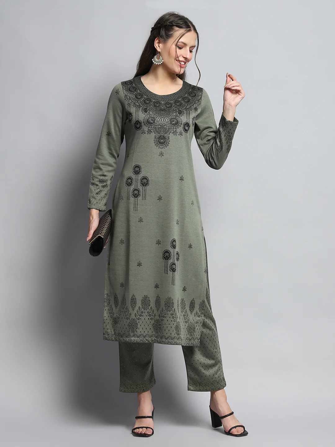 Women Olive Self Design Round Neck Full Sleeve Kurti Set for Winter - Image 2