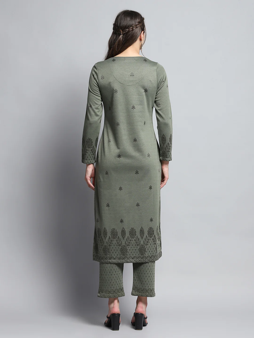 Women Olive Self Design Round Neck Full Sleeve Kurti Set for Winter - Image 5