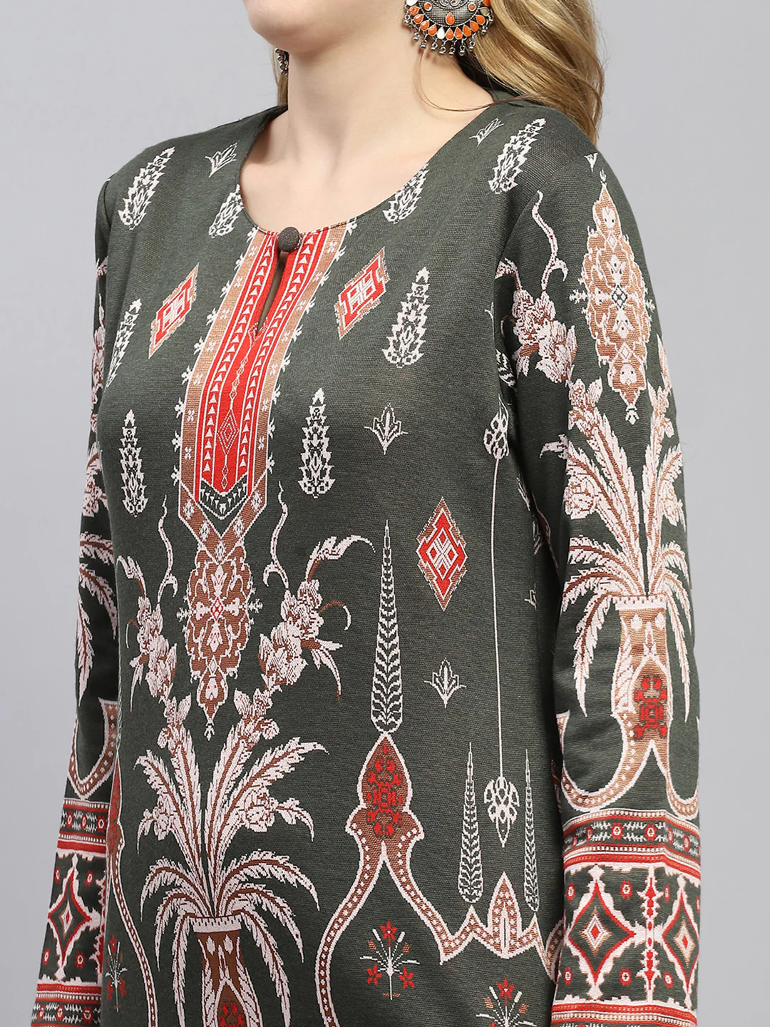 Women Olive Self Design Round Neck Full Sleeve Winter Kurti - Image 7