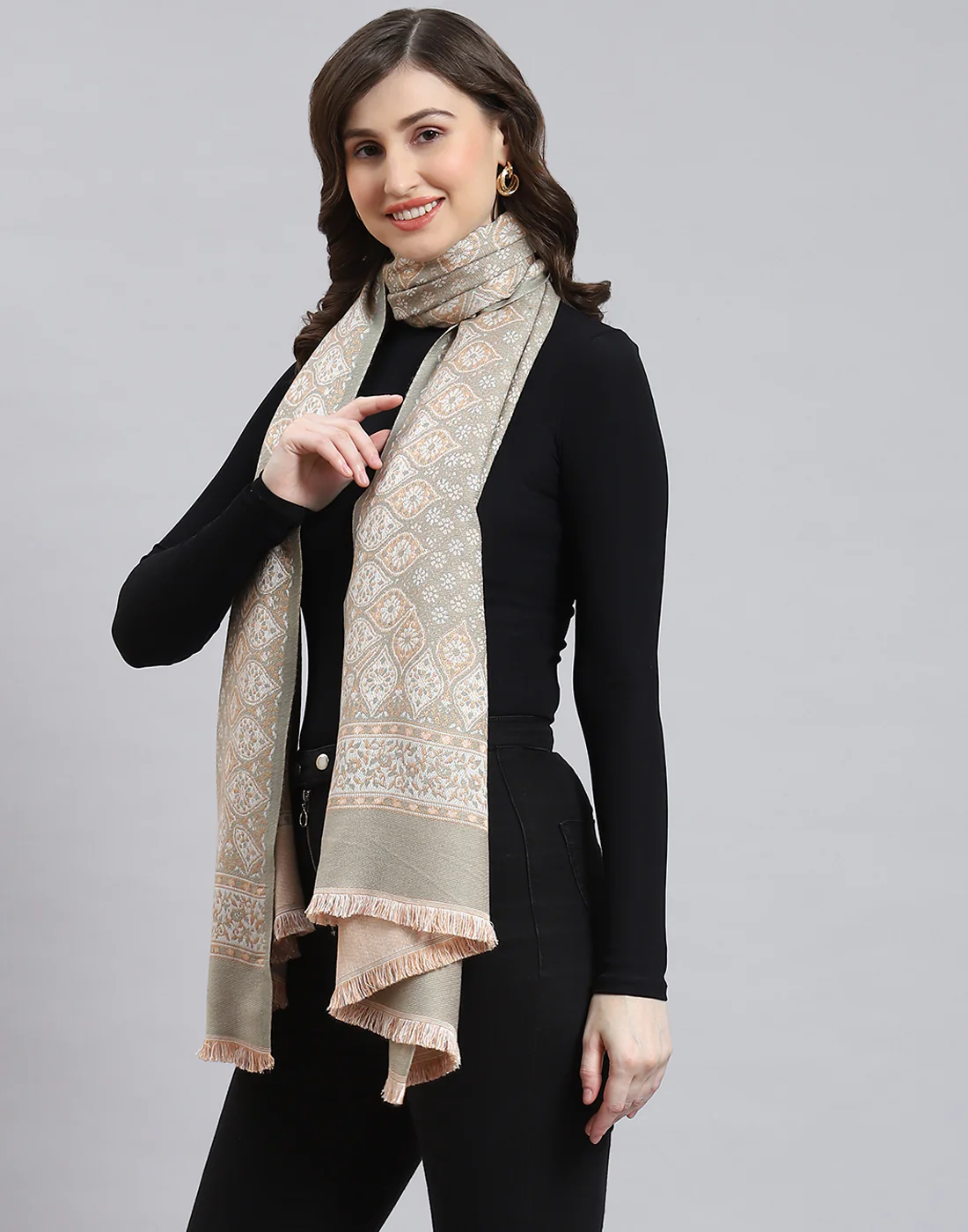 Women Olive Self Design Stole - Image 3