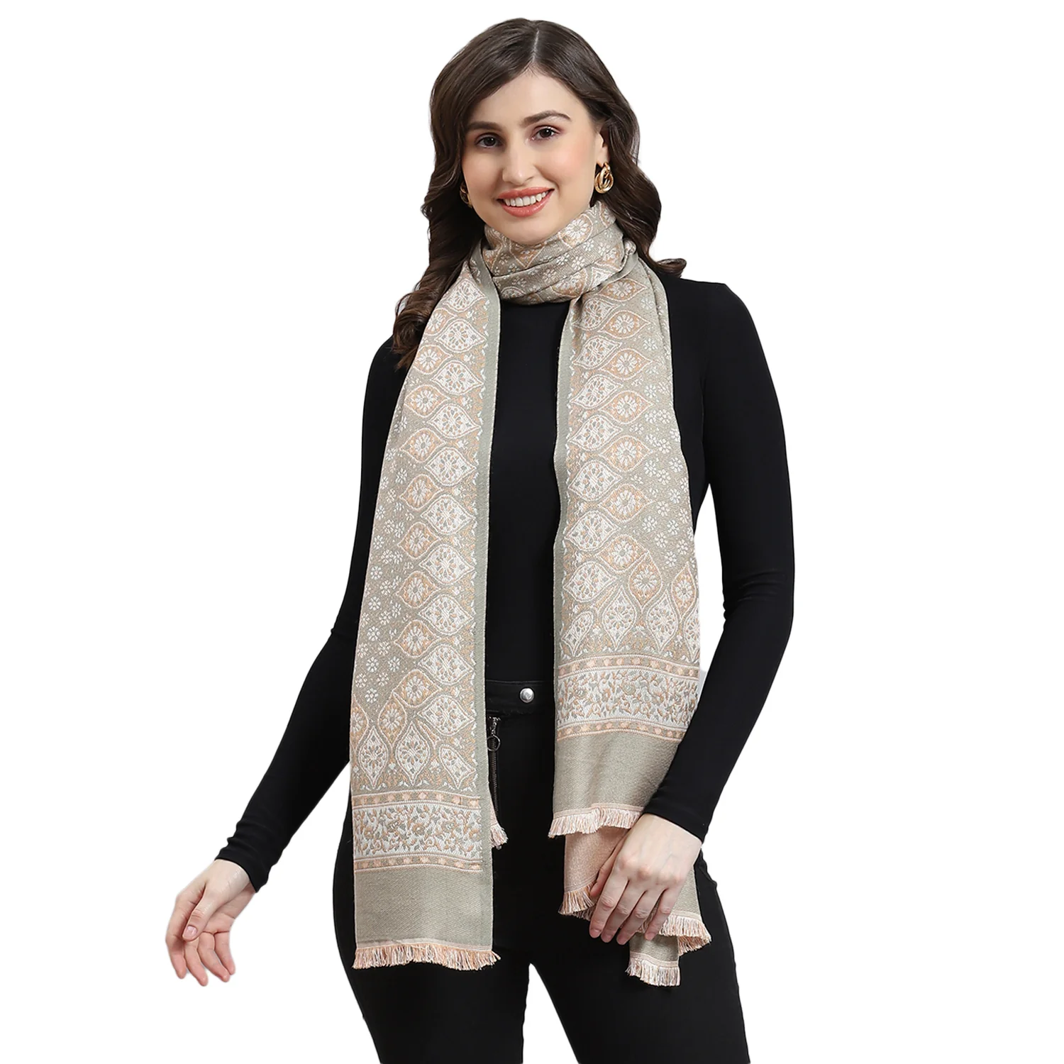 Women Olive Self Design Stole - Image 5