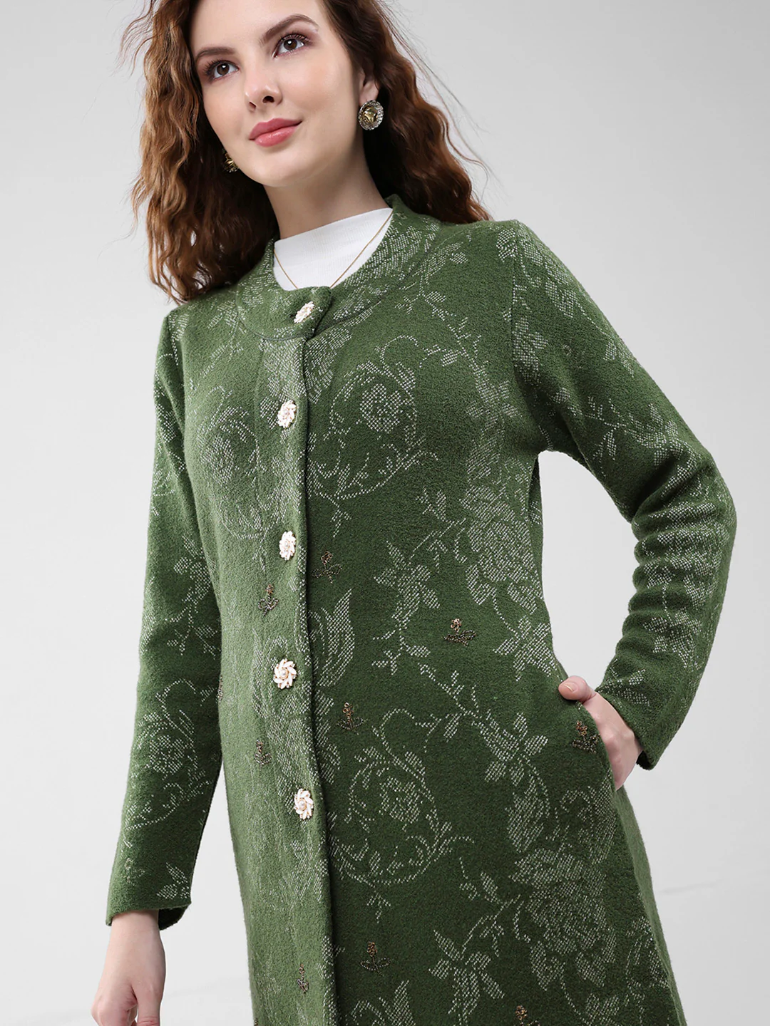 Women Olive Self Design Round Neck Full Sleeve Knitted Coat - Image 6