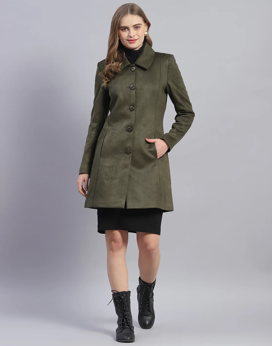 Women Olive Solid Collar Full Sleeve Coat - Image 2