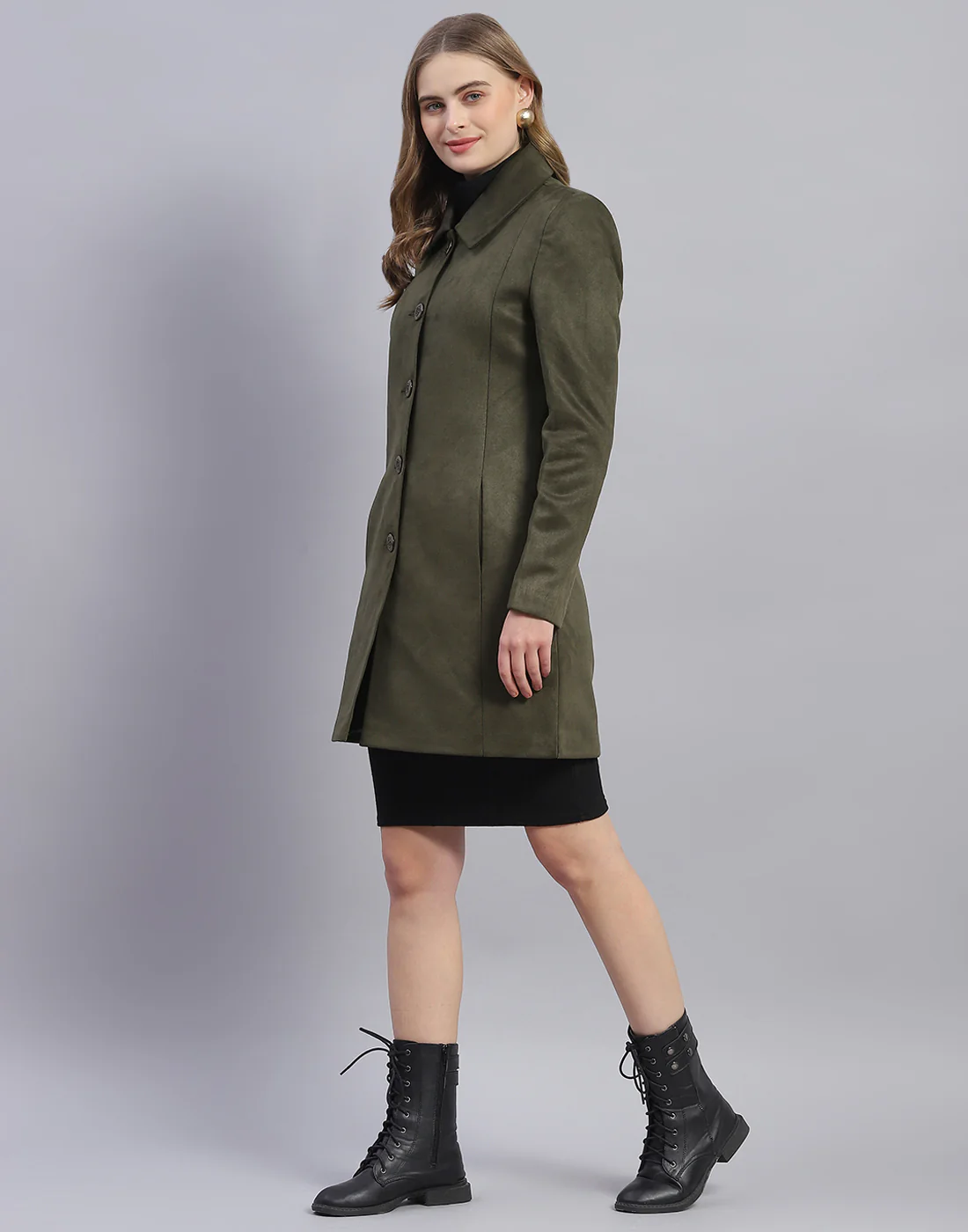 Women Olive Solid Collar Full Sleeve Coat - Image 3