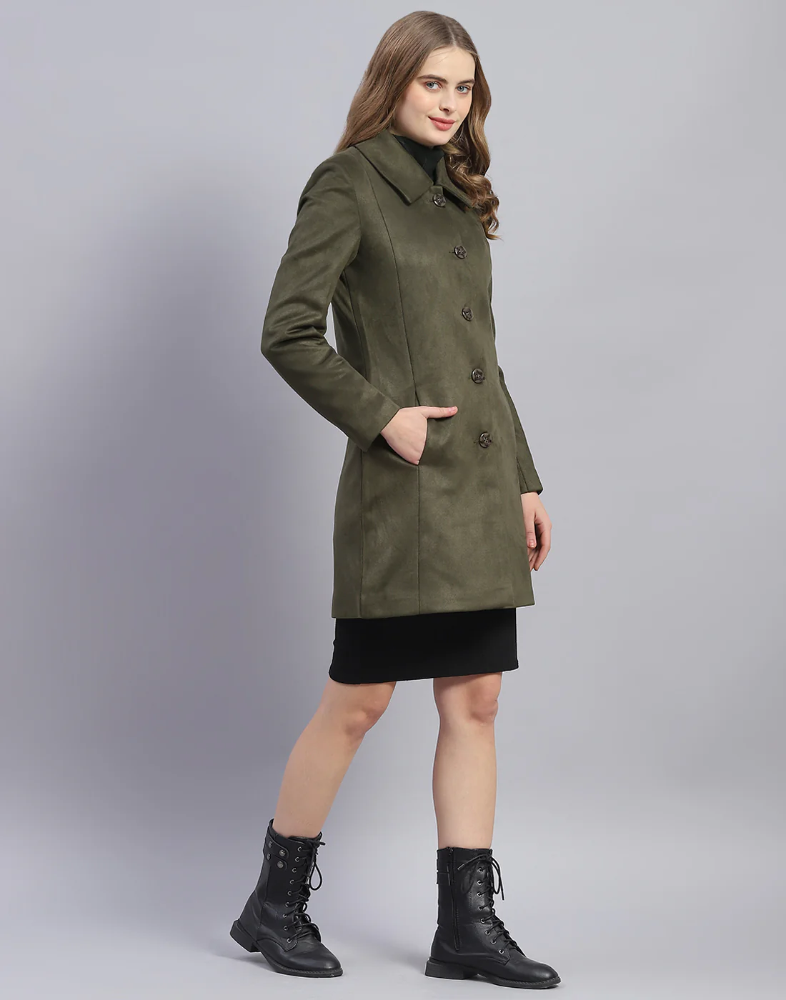 Women Olive Solid Collar Full Sleeve Coat - Image 4
