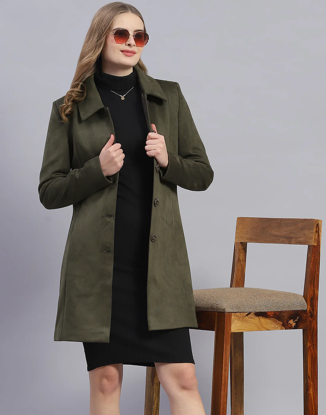 Women Olive Solid Collar Full Sleeve Coat - Image 6