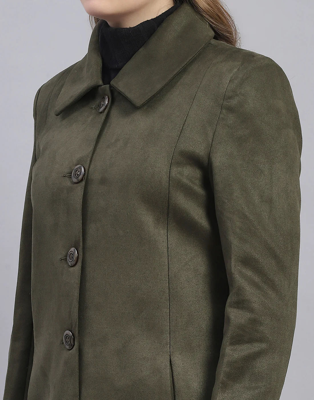 Women Olive Solid Collar Full Sleeve Coat - Image 7