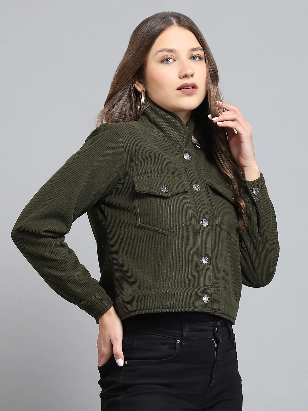 Rock.it Women Olive Solid Collar Full Sleeve Jacket - Image 4
