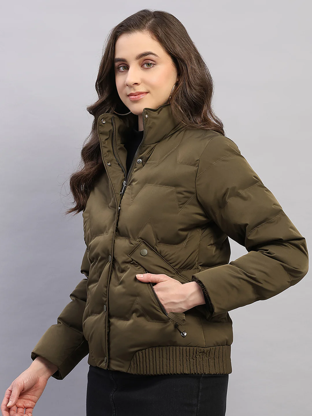 Women Olive Solid Collar Full Sleeve Jacket - Image 3