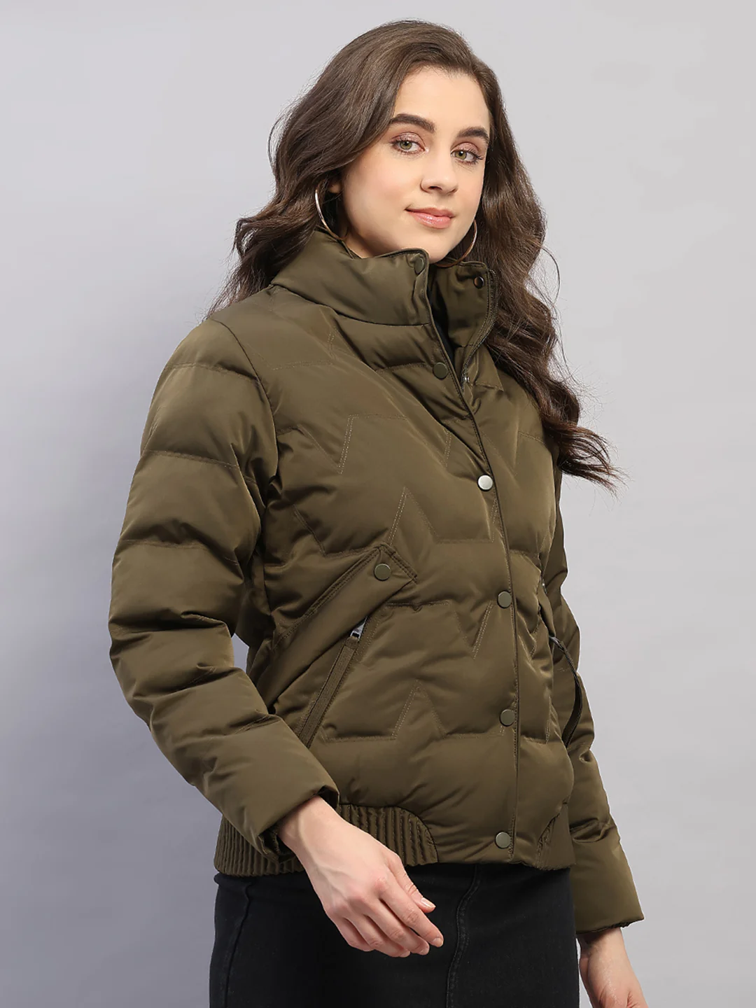 Women Olive Solid Collar Full Sleeve Jacket - Image 4