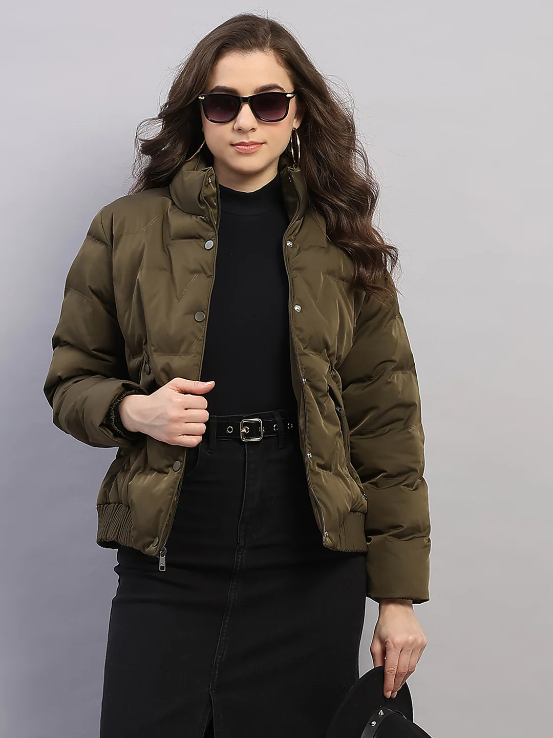 Women Olive Solid Collar Full Sleeve Jacket - Image 6