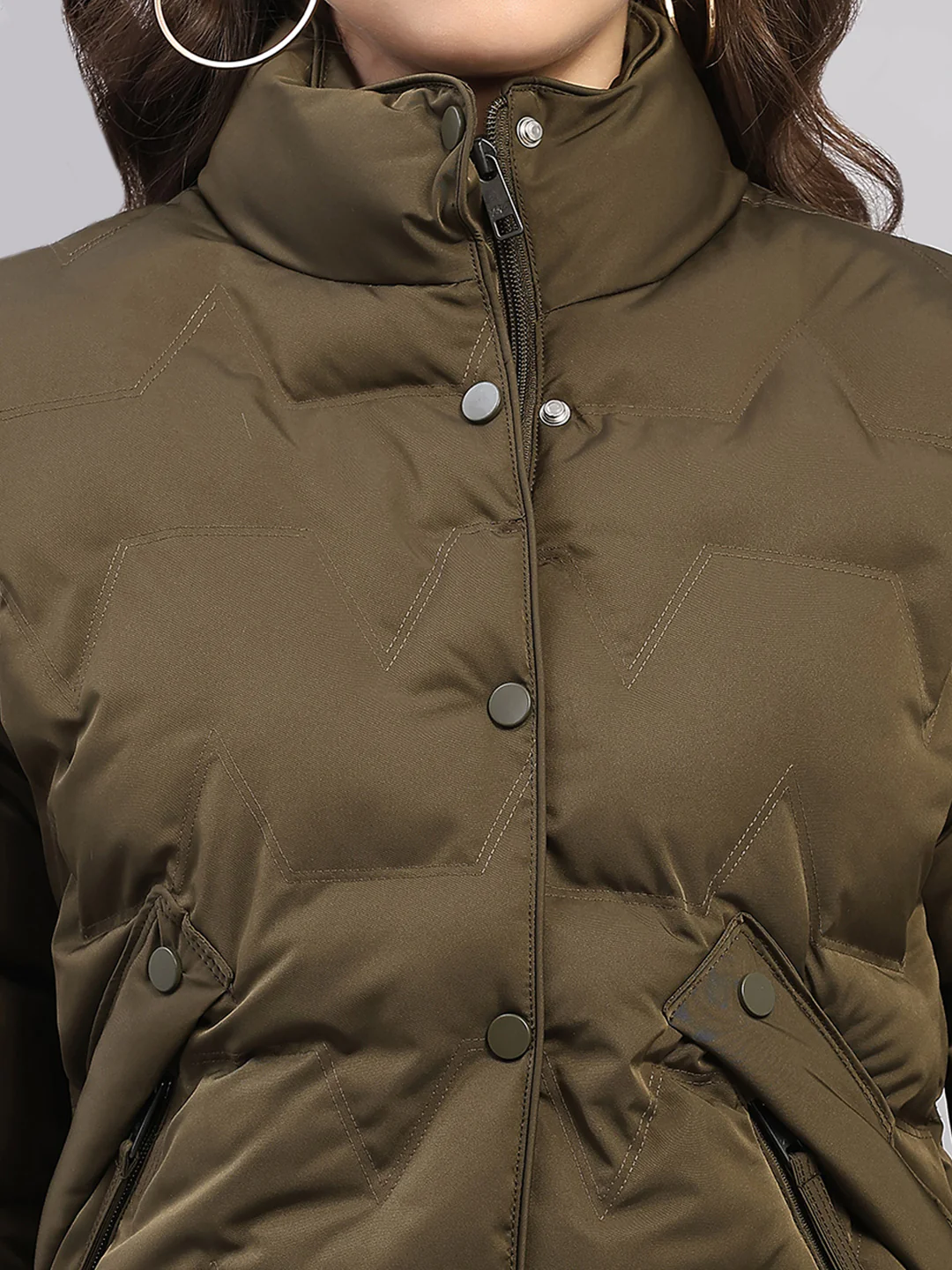 Women Olive Solid Collar Full Sleeve Jacket - Image 7