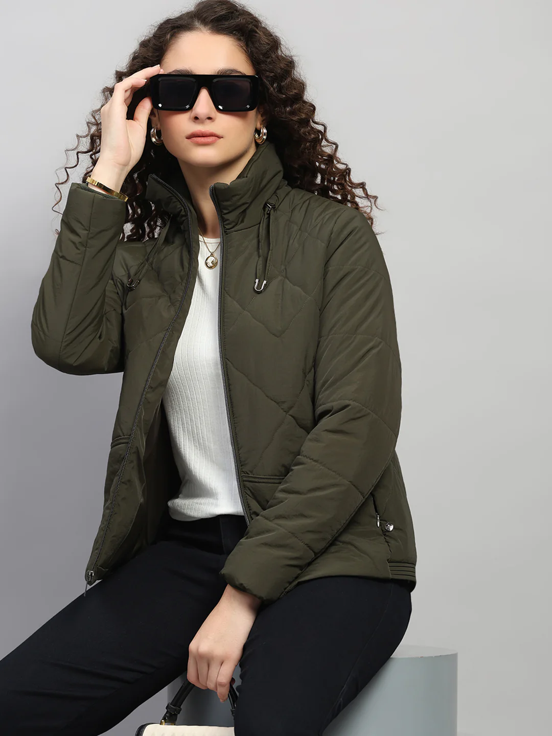 Women Olive Solid Collar Full Sleeve Jacket - Image 6