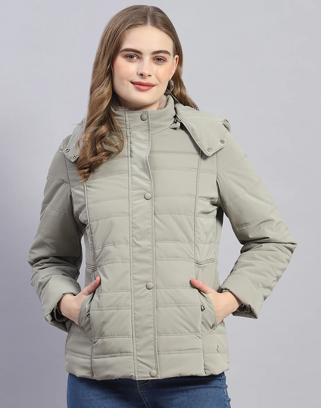 Women Olive Solid Hooded Full Sleeve Jacket - Image 2