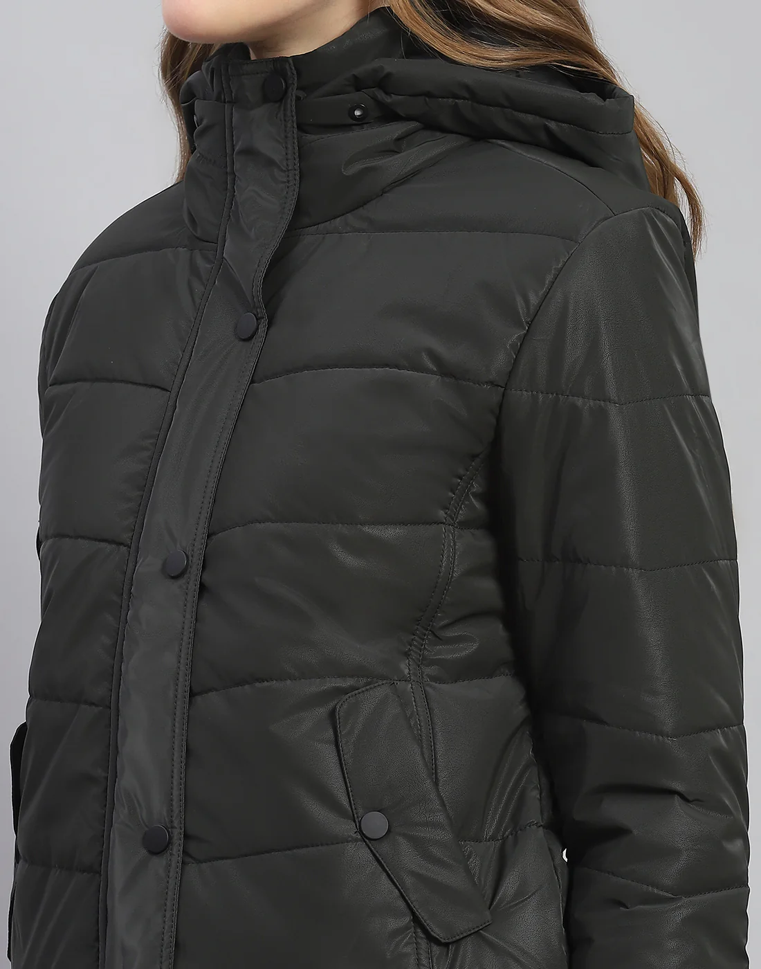 Women Olive Solid Hooded Full Sleeve Jacket - Image 7